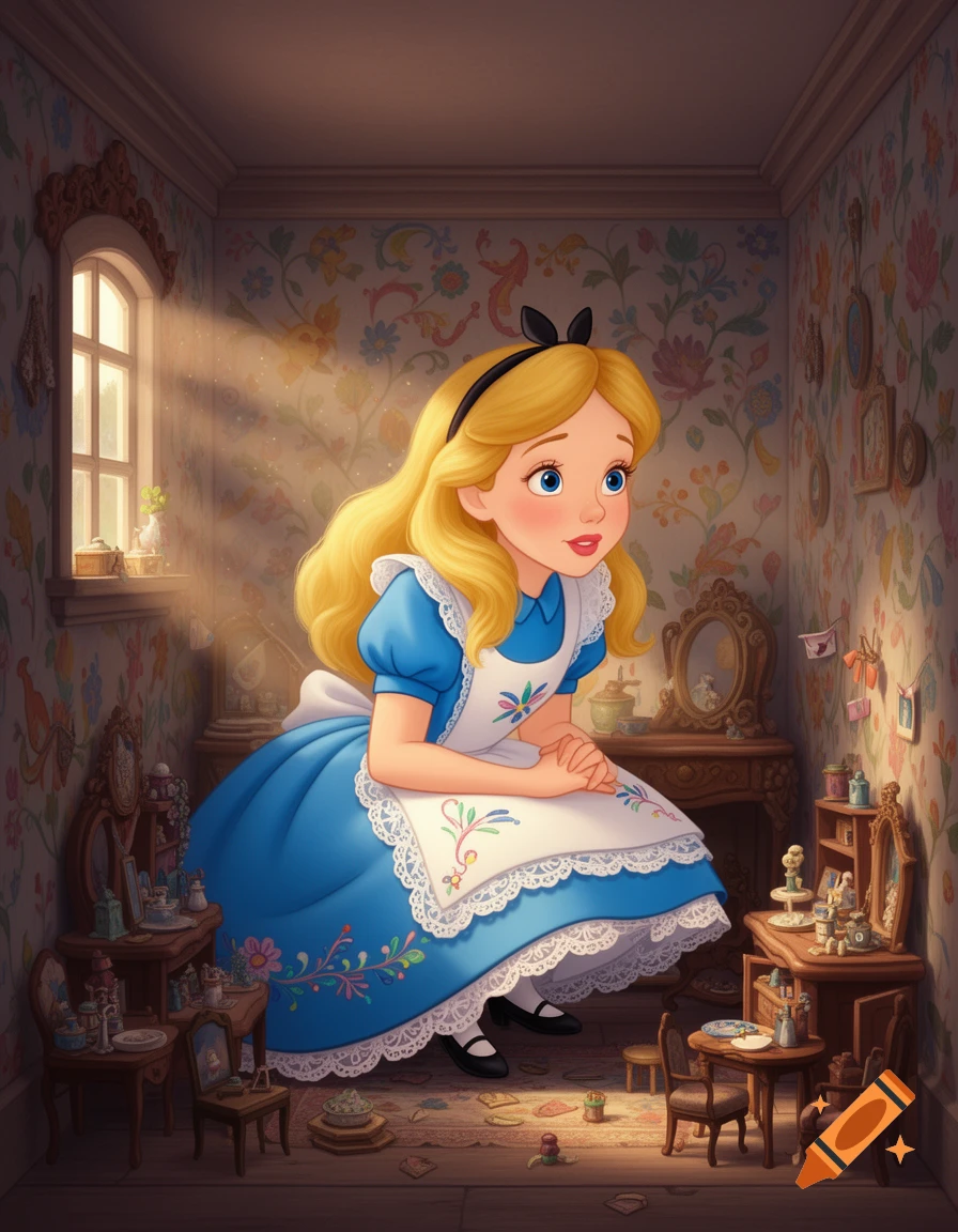 A gigantic Alice in Wonderland, in 2D Disney animation style, kneels in a tiny, cramped room filled with small furniture and floral wallpaper.