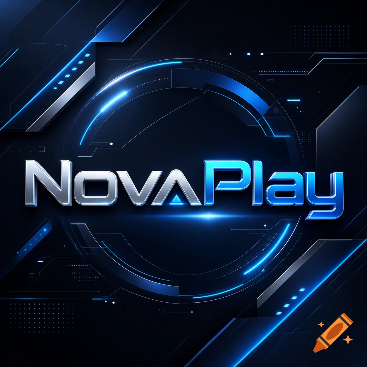 Futuristic 3D logo for NovaPlay in metallic silver and glowing blue, against a dark tech-inspired background.