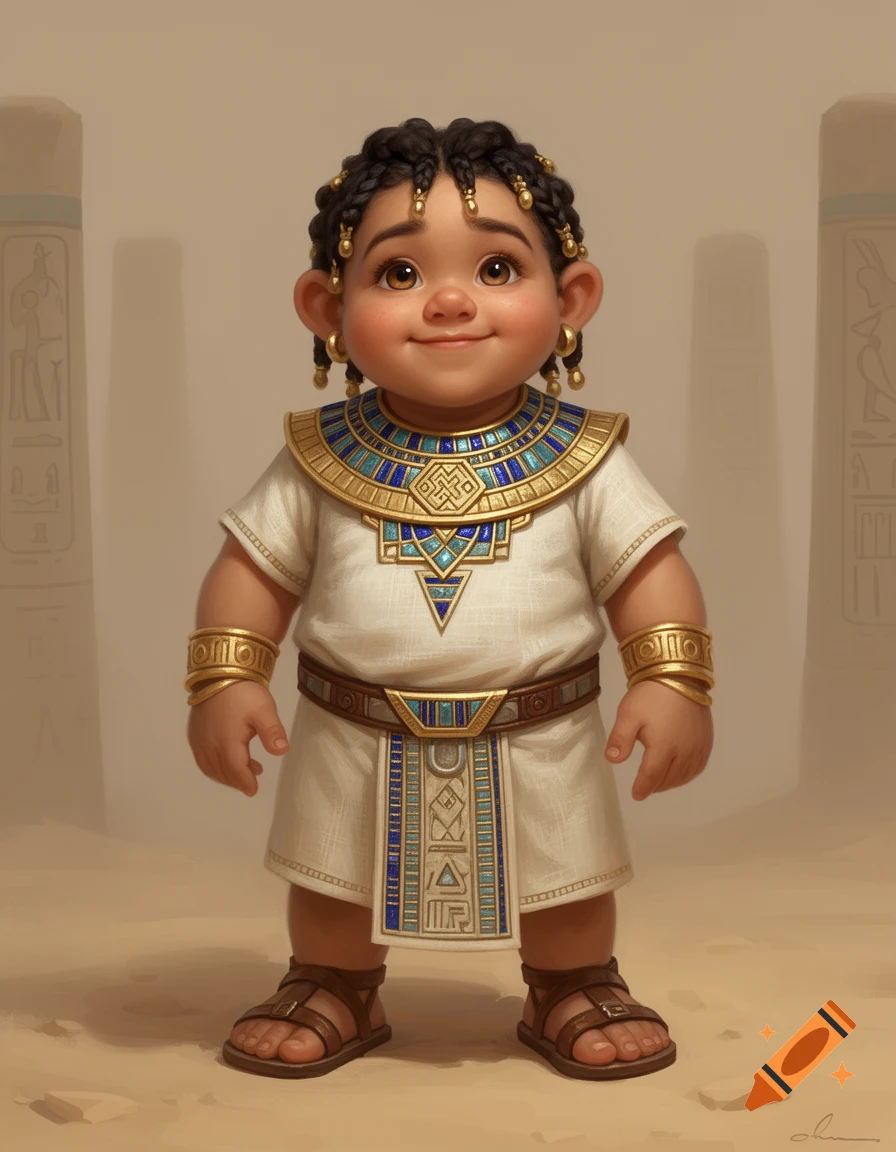 A cheerful, chubby child in ancient Egyptian-inspired gold and blue attire stands in a sandy setting with faint columns.