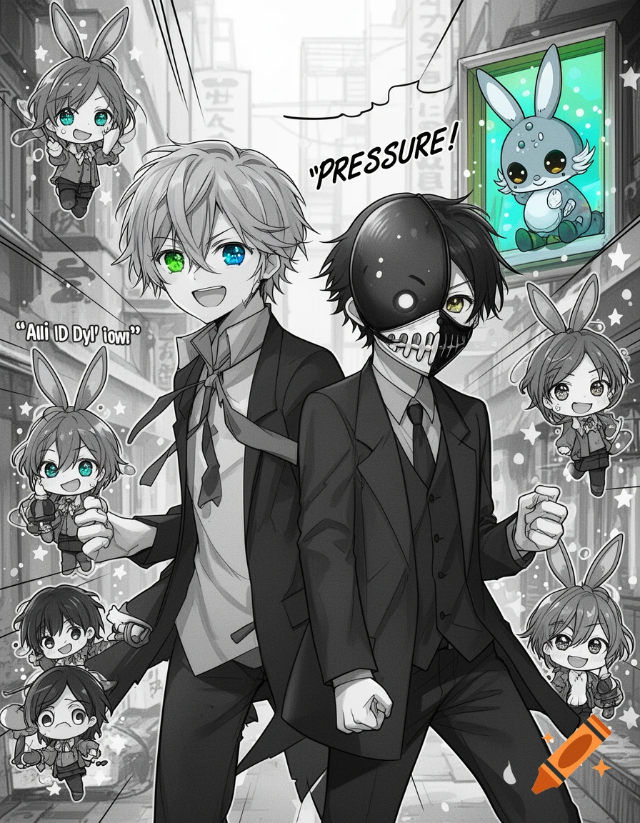 An anime-style image in monochrome with color accents, showing two young men in suits amidst floating chibi characters and a rabbit in a green frame. One character has heterochromia with green and blue eyes, and the other wears a black mask. Text reads "PRESSURE!" and garbled text.