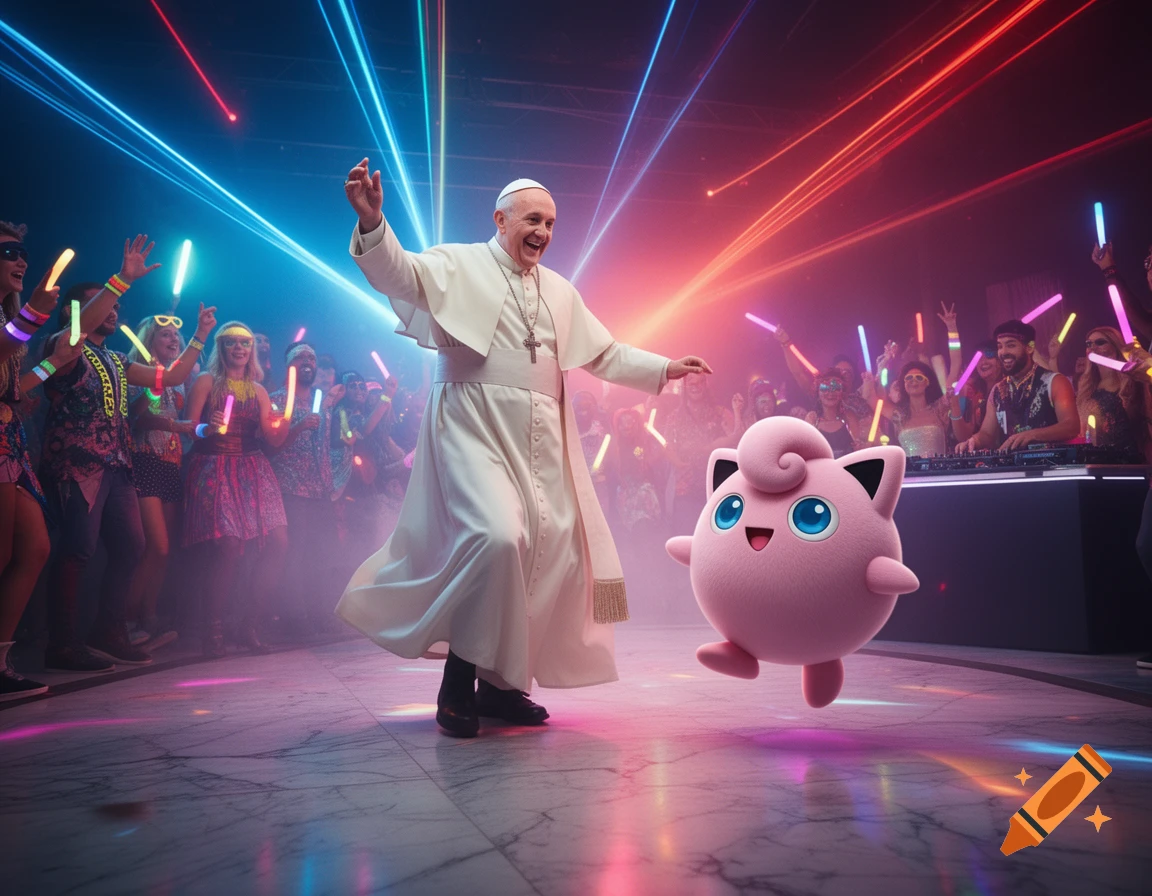 Photorealistic image of the Pope joyfully dancing with Jigglypuff at a vibrant, neon-lit rave party.