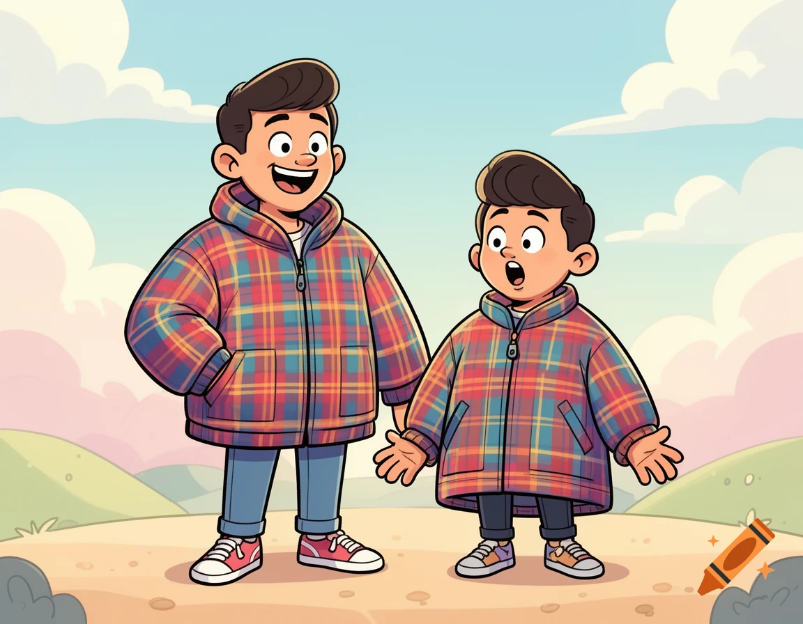 Two cartoon boys in matching colorful plaid jackets, one perfectly fitted and the other oversized, standing outdoors.