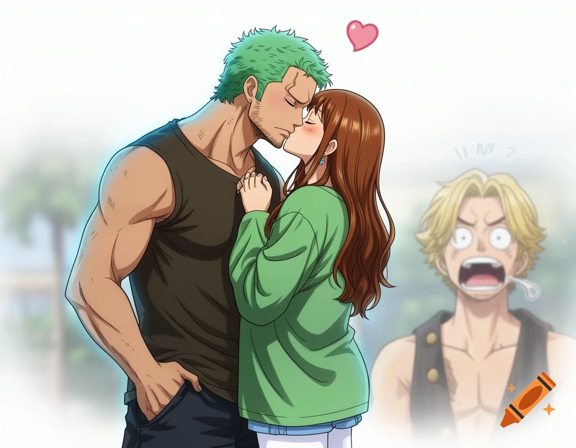 Anime fan art of Roronoa Zoro kissing a brown-haired girl, with a shocked Sanji in the blurry background.