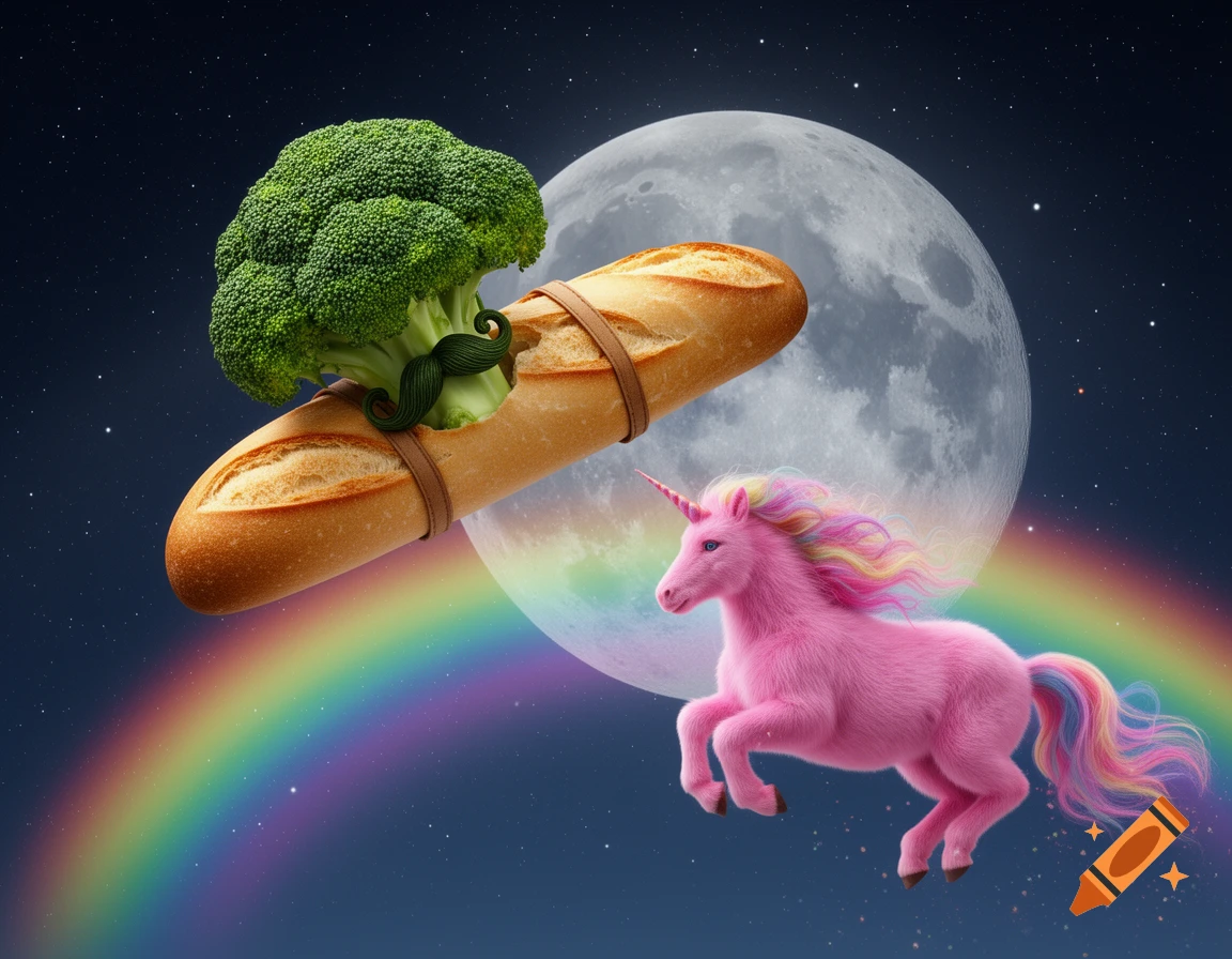 A broccoli with a green mustache in a baguette rocket flies past the moon and a rainbow, where a pink fluffy unicorn runs. Photorealistic.