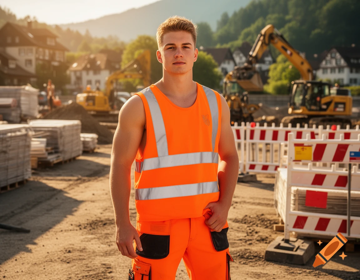 A handsome young construction worker in a bright orange safety vest and pants stands confidently on a sunny construction site, with excavators and buildings in the background.