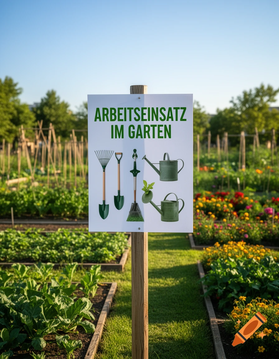 A white sign with green text and gardening tools stands in a sunny garden with rows of plants.