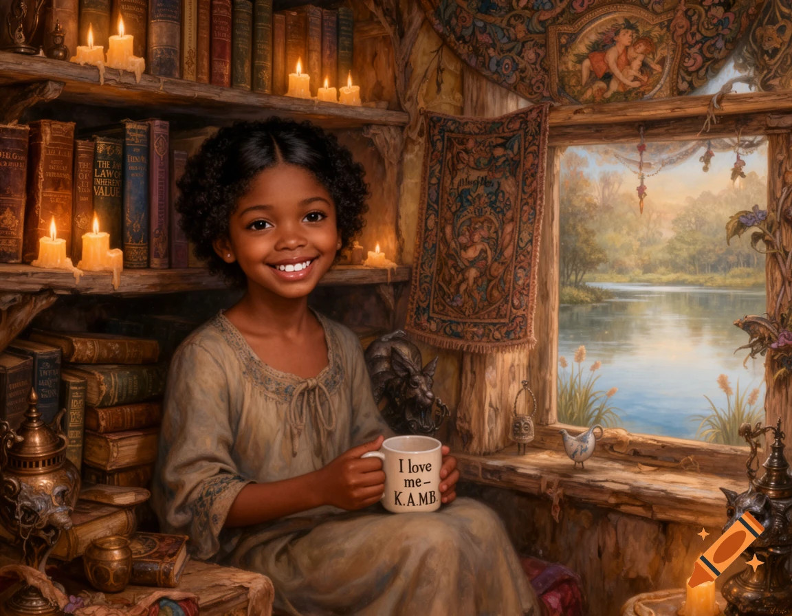 A smiling young Black girl with curly hair holds a mug in a cozy, candlelit library nook with a lake view, in a magic realism style.