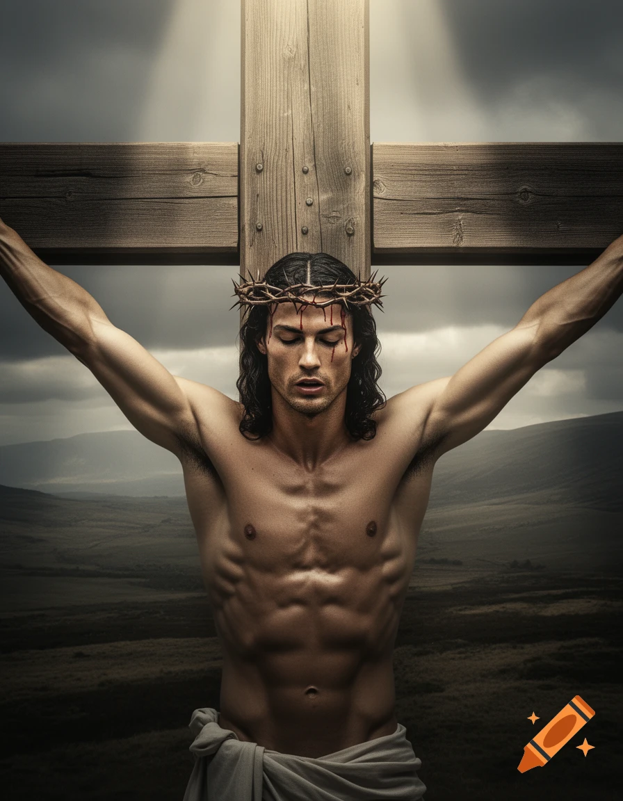 Photorealistic image of a man on a wooden cross, wearing a crown of thorns with blood, against a cloudy sky and distant landscape.