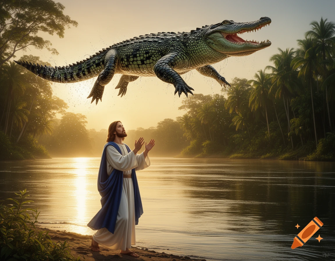 Jesus, dressed in white and blue, stands by a tropical river with hands raised, looking up at a giant crocodile flying above him, splashing water.