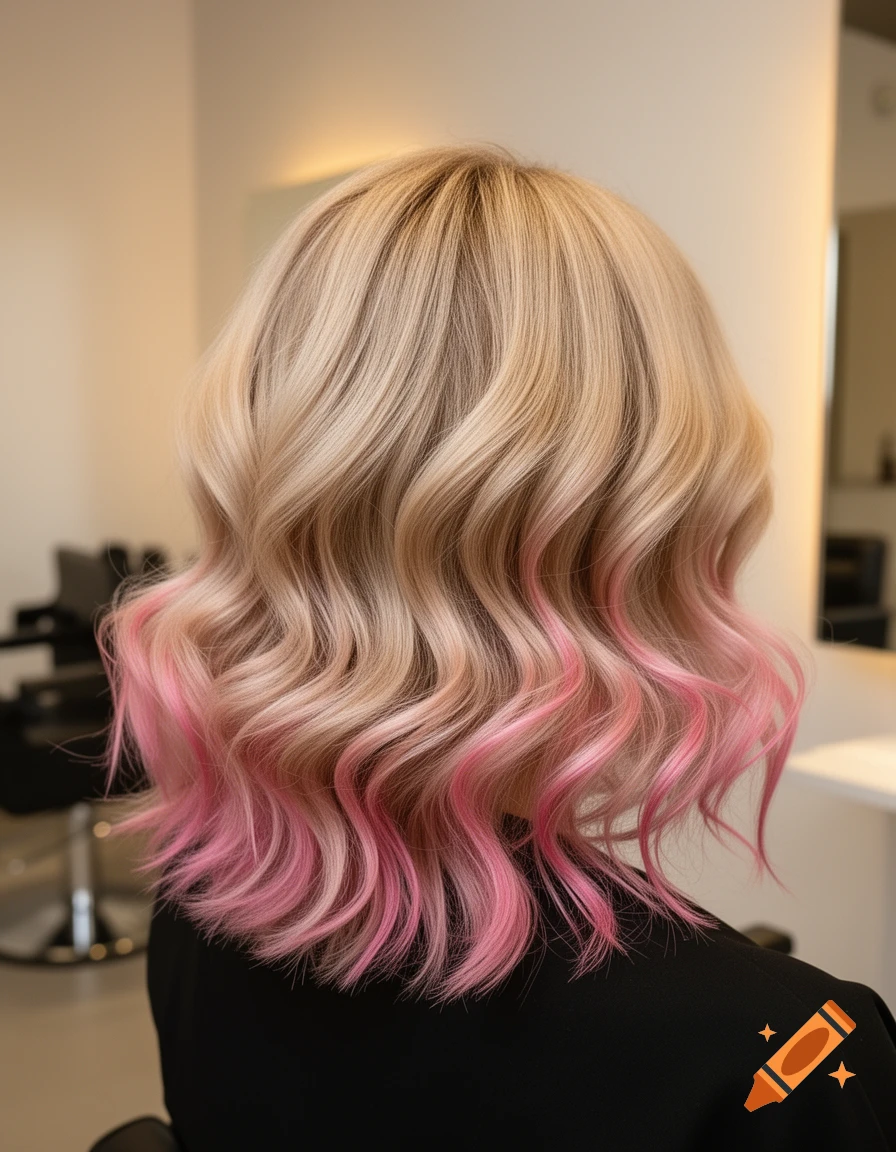 Wavy light blonde bob with bright pink tips, seen from the back.