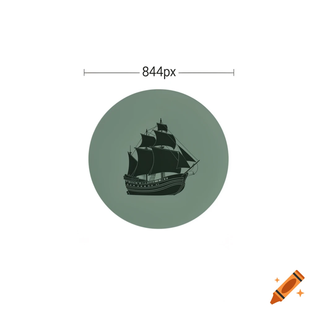 Simple black silhouette of an antique sailing ship on a teal green disk against a white background, with '844px' measurement.