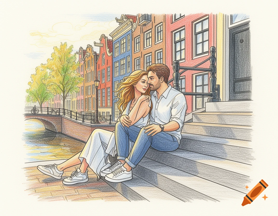 Colored pencil illustration of a romantic couple on steps by an Amsterdam canal.