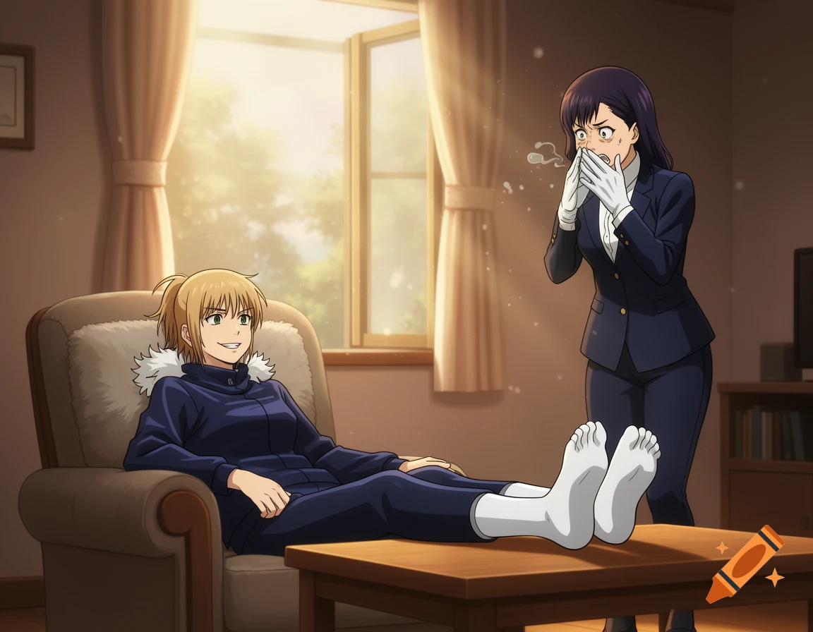 Two anime women in a room; one smiles relaxing with bare feet on a table, the other covers her nose in disgust.