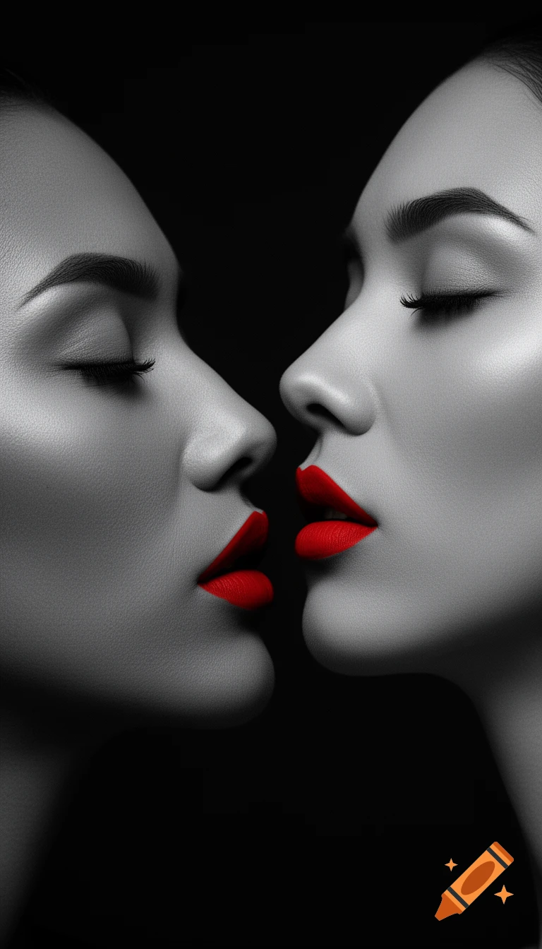 Close-up of two women's faces in black and white, red lips nearly touching, closed eyes, elegant and sensual.