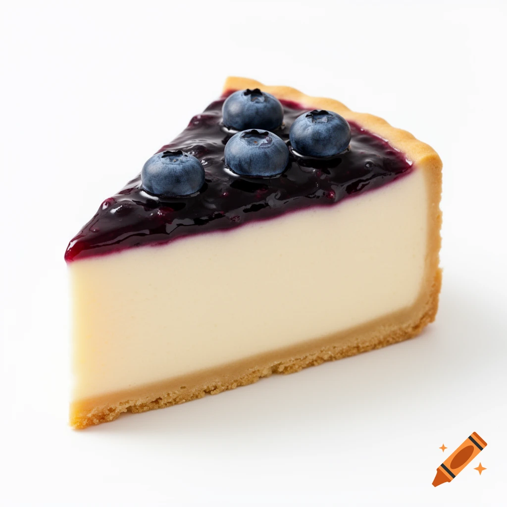 A photorealistic slice of blueberry cheesecake with a glossy purple-blue glaze and whole blueberries on top, against a white background.