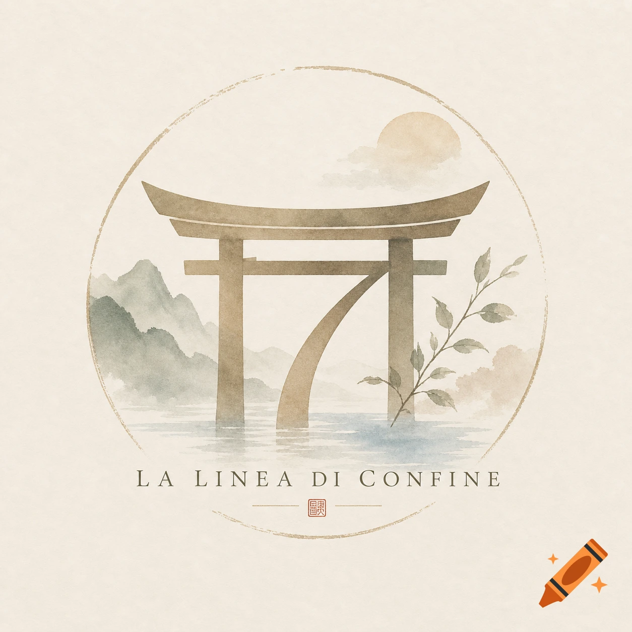 Watercolor logo with a stylized Japanese torii gate forming the number 7, surrounded by mountains, water, and the text "LA LINEA DI CONFINE".