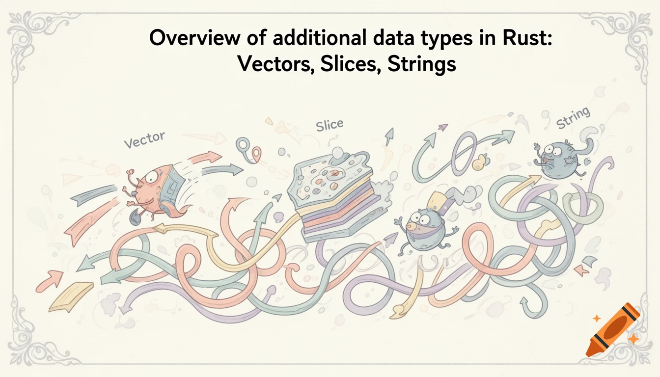 A hand-drawn cartoon illustration titled 'Overview of additional data types in Rust: Vectors, Slices, Strings' with characters representing each type.