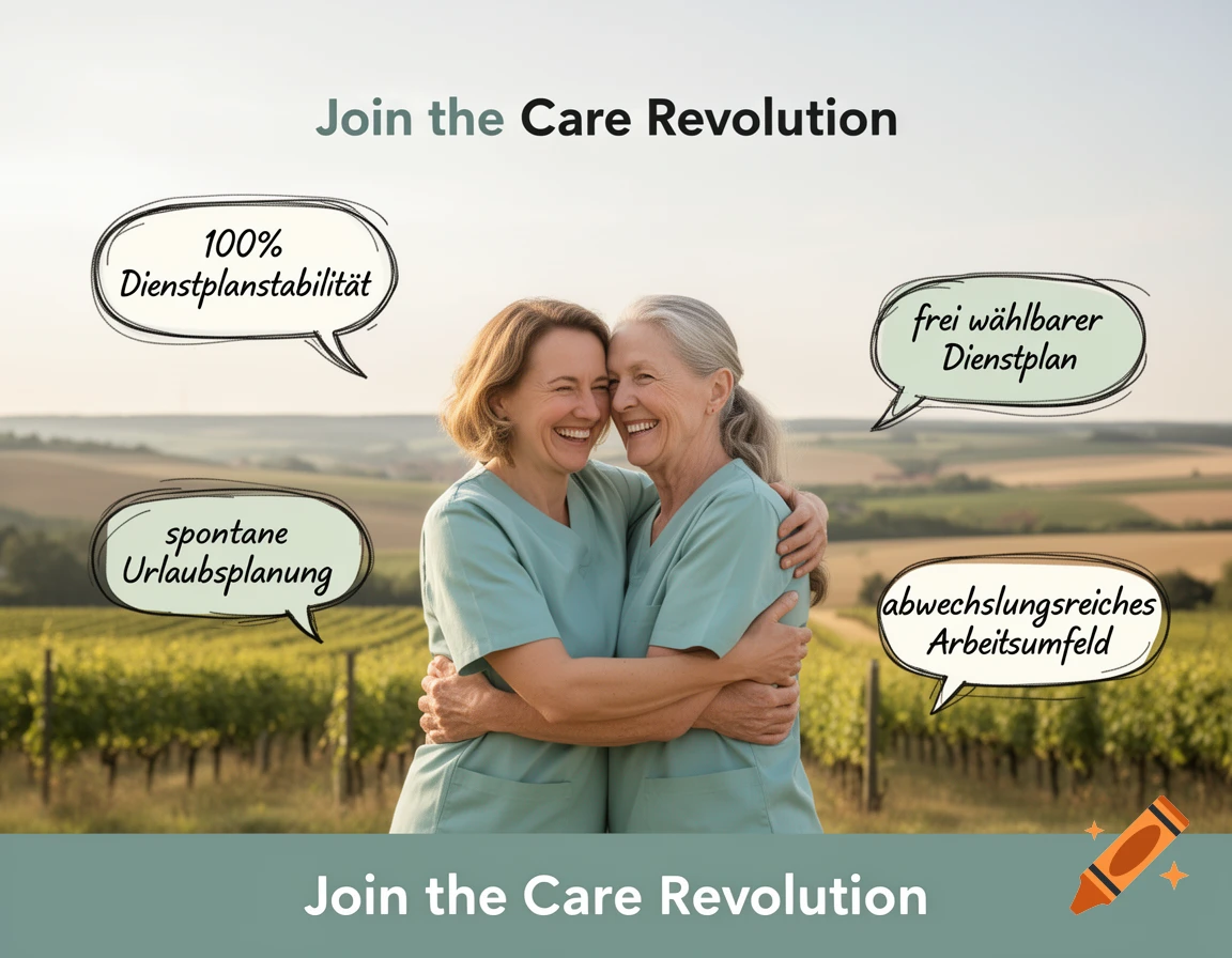 Two smiling women in medical scrubs embrace in a vineyard, with speech bubbles listing benefits and a title reading "Join the Care Revolution".