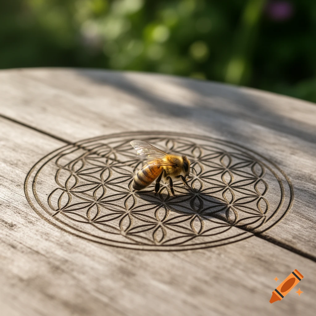 A bee rests on a wooden surface intricately carved with a geometric 'Flower of Life' pattern, under natural light.