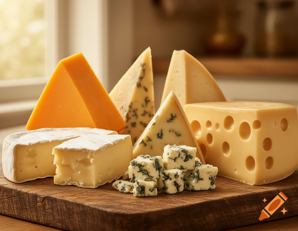 An assortment of cheese wedges, a wheel of brie, and chunks of blue cheese on a wooden board.