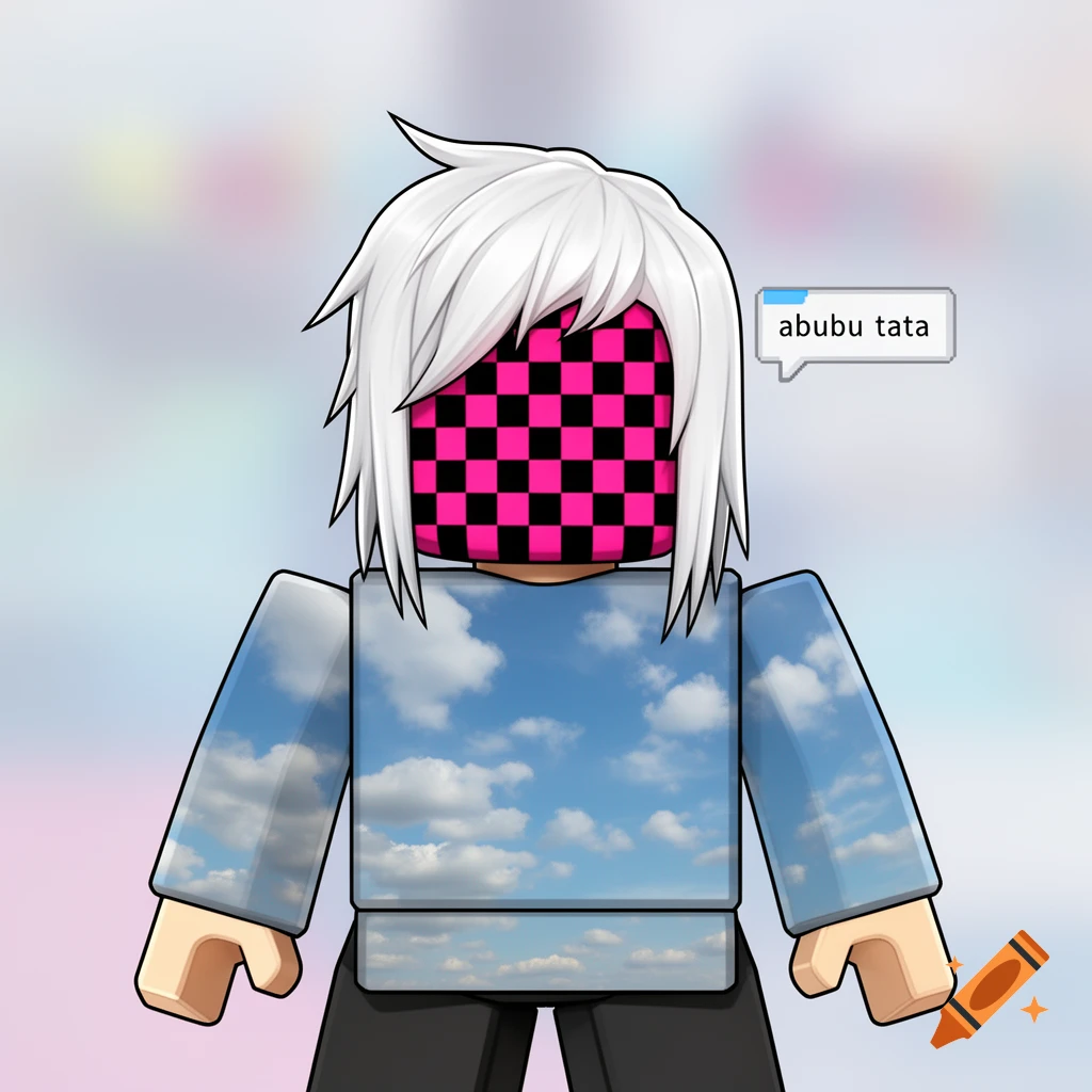 A stylized Roblox character with white hair, a pink and black checkerboard face, and a torso textured with blue sky and clouds. It says 'abubu tata' in a chat bubble.