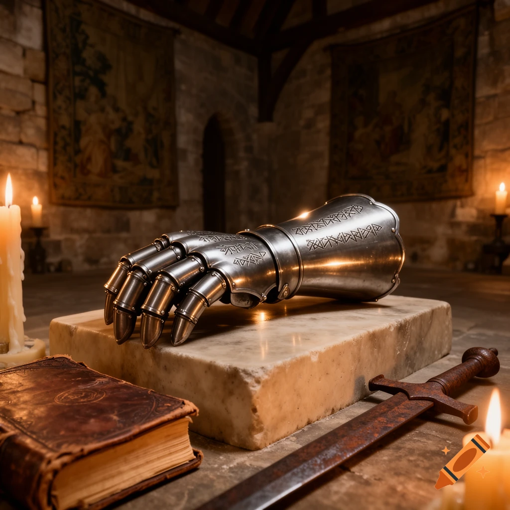 A silver armored gauntlet rests on a stone block, with a rusty sword, old book, and lit candles in a dark, medieval stone chamber.