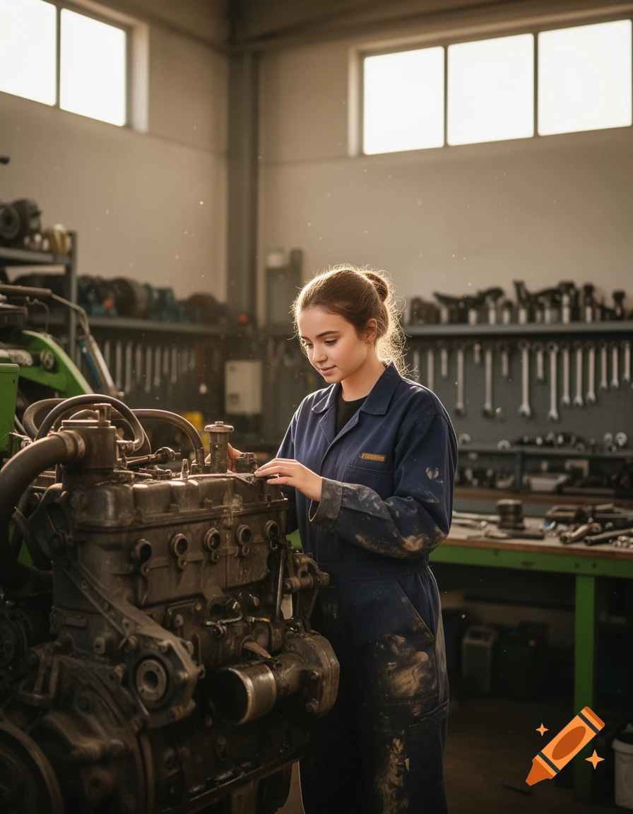 A young female mechanic in a dirty blue overall working on a large engine in a sunlit workshop.