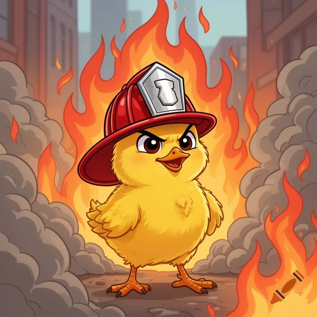A determined cartoon chick in a red firefighter helmet stands amidst flames and smoke in a burning city.