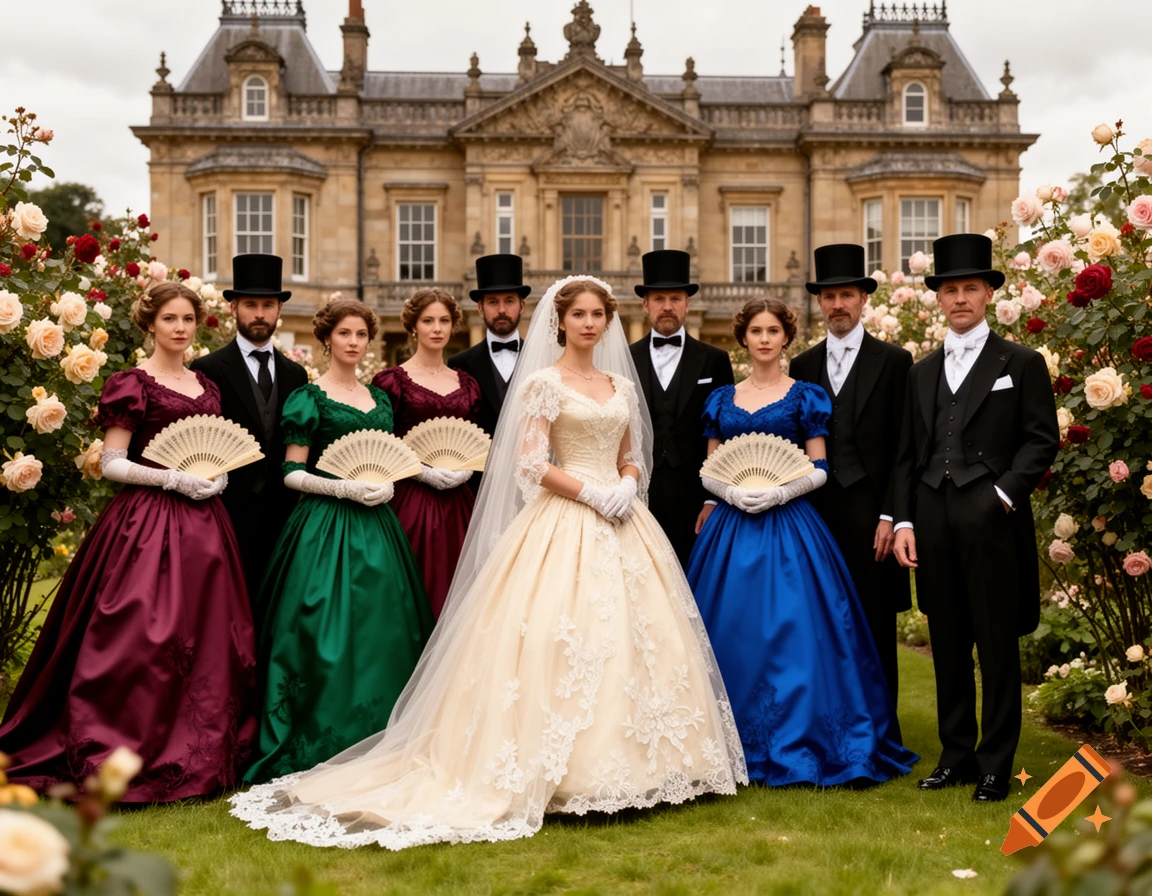 An 1800s wedding party poses in a rose garden before a grand mansion, women in ballgowns and men in formal suits.