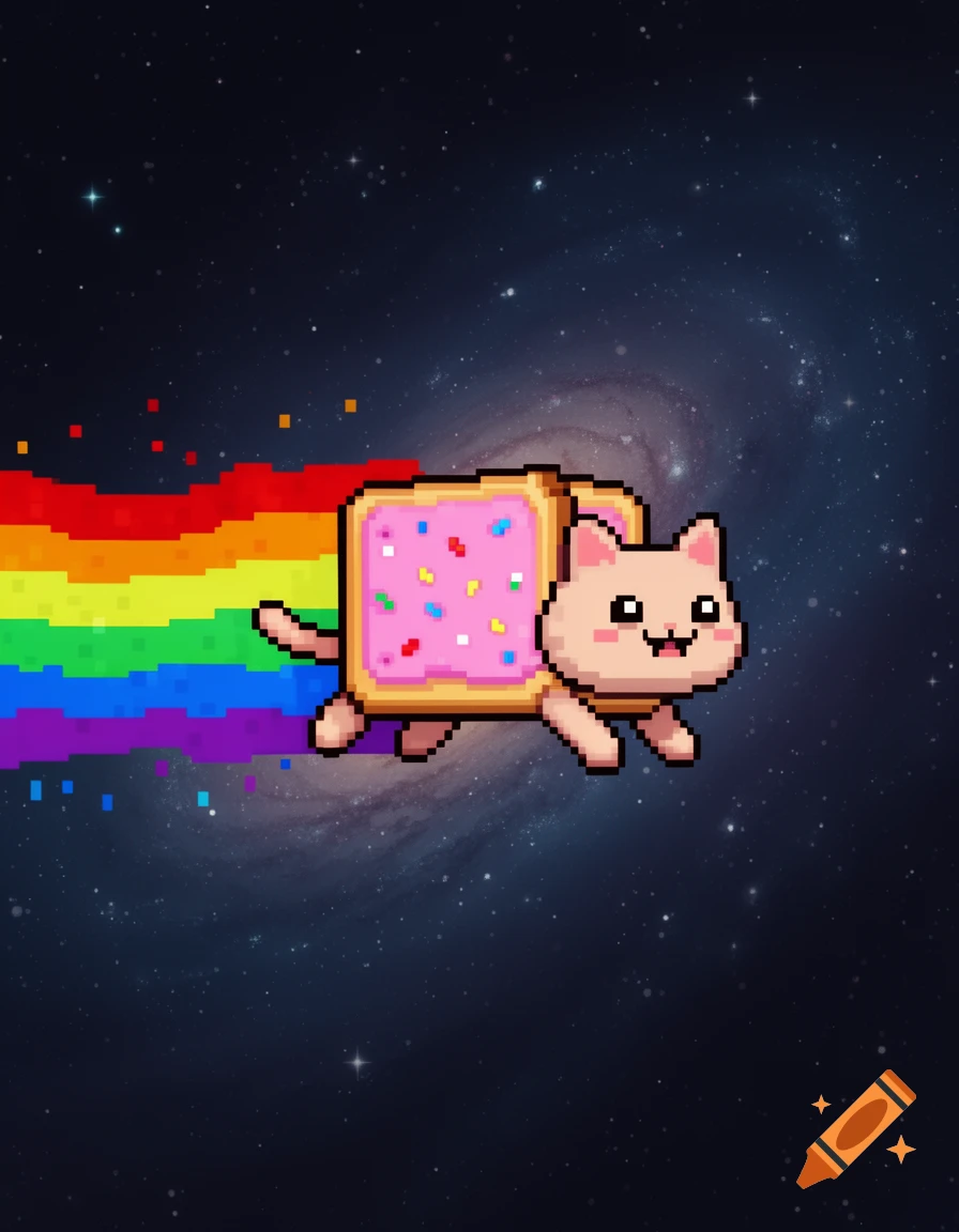 A pixelated Nyan Cat, a cat with a pop-tart body, flies through a starry galaxy, leaving a rainbow trail.