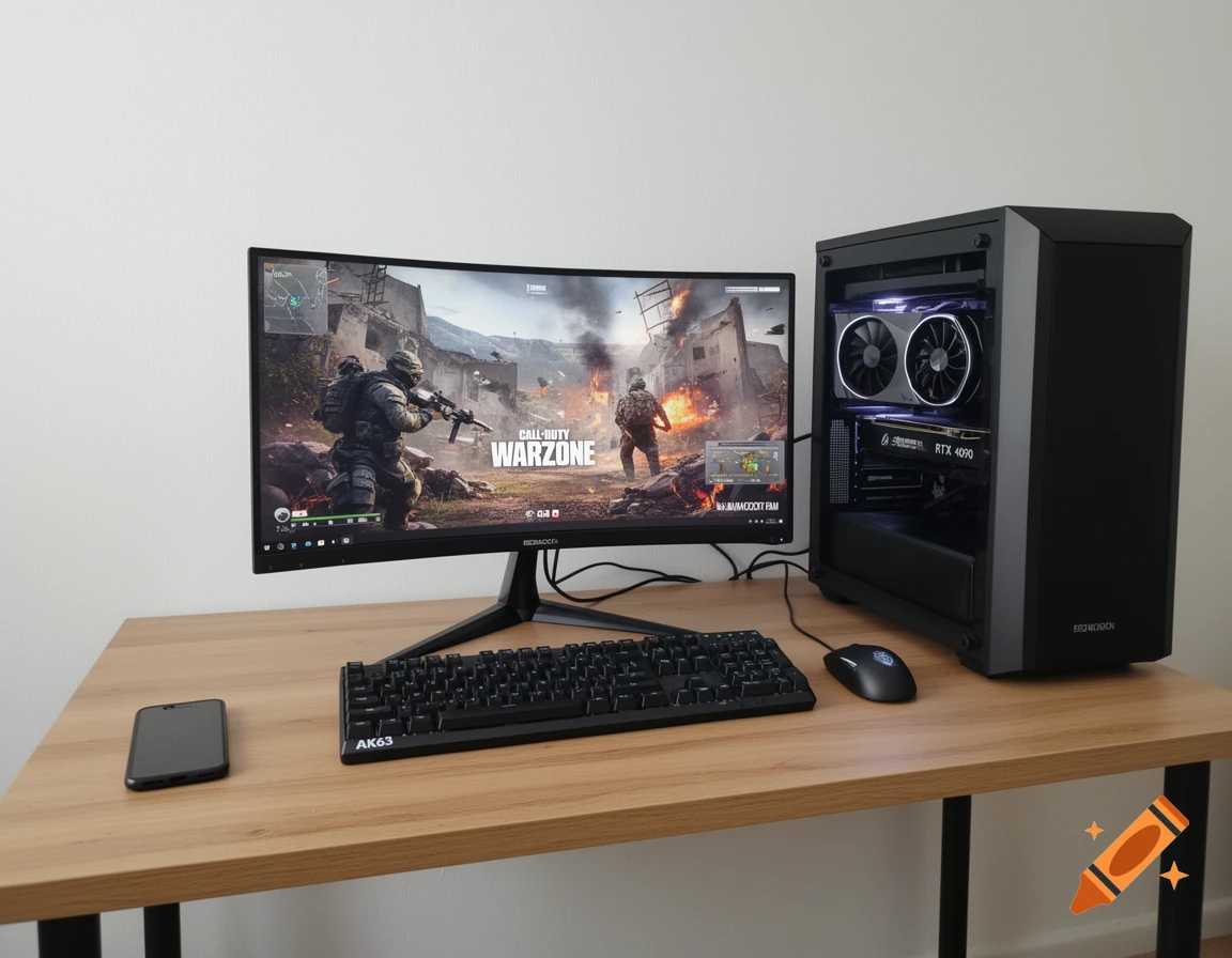 A photorealistic mobile photo of a gaming setup with a curved monitor showing Call of Duty, a PC, keyboard, mouse, and phone on a wooden desk.