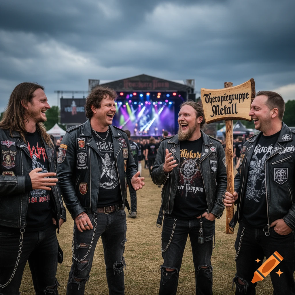 Four smiling men in leather jackets and ripped jeans at a lively outdoor rock concert, one holding an axe-shaped sign that reads "Therapiegruppe Metall"