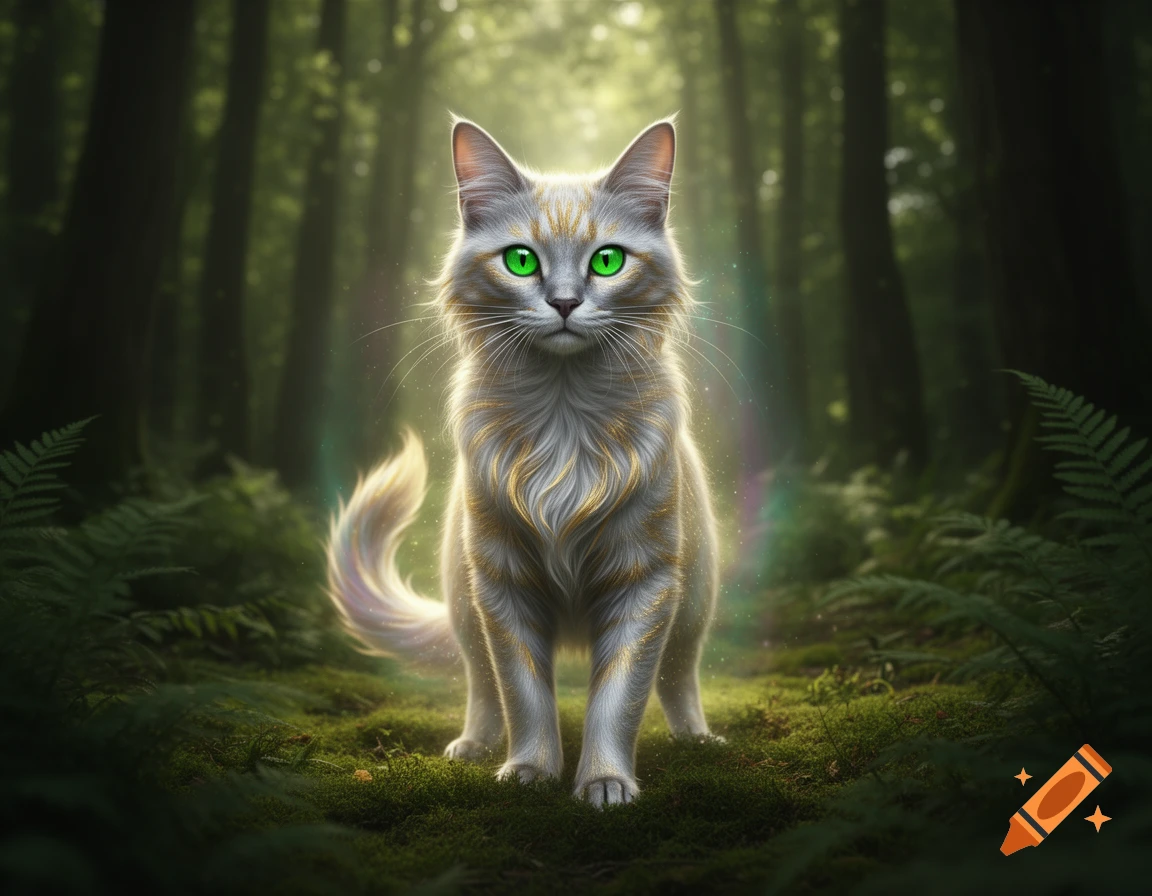 An ethereal white and gold cat with bright green eyes stands in a dark, misty forest, illuminated by sunbeams.