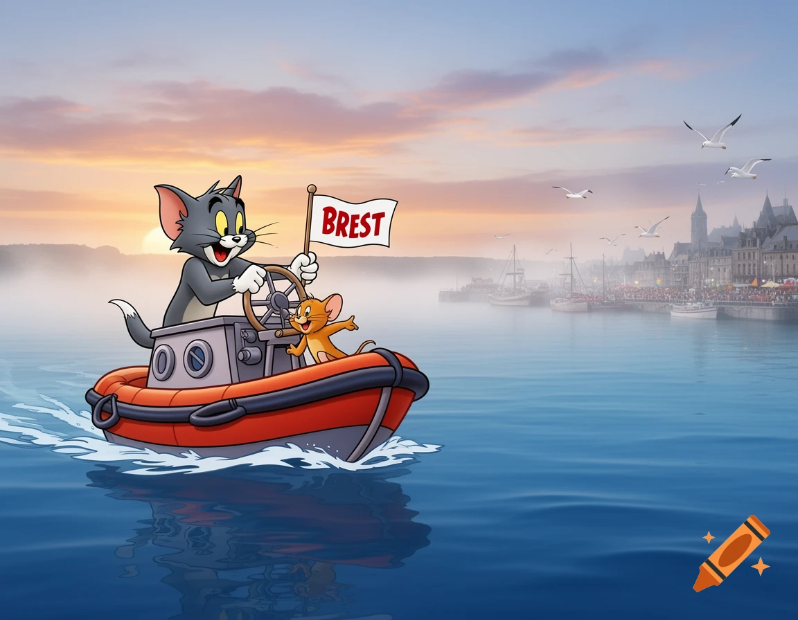 Cartoon Tom the cat steers an orange rescue boat with Jerry the mouse, approaching a city harbor under a sunset sky, with a flag reading BREST.