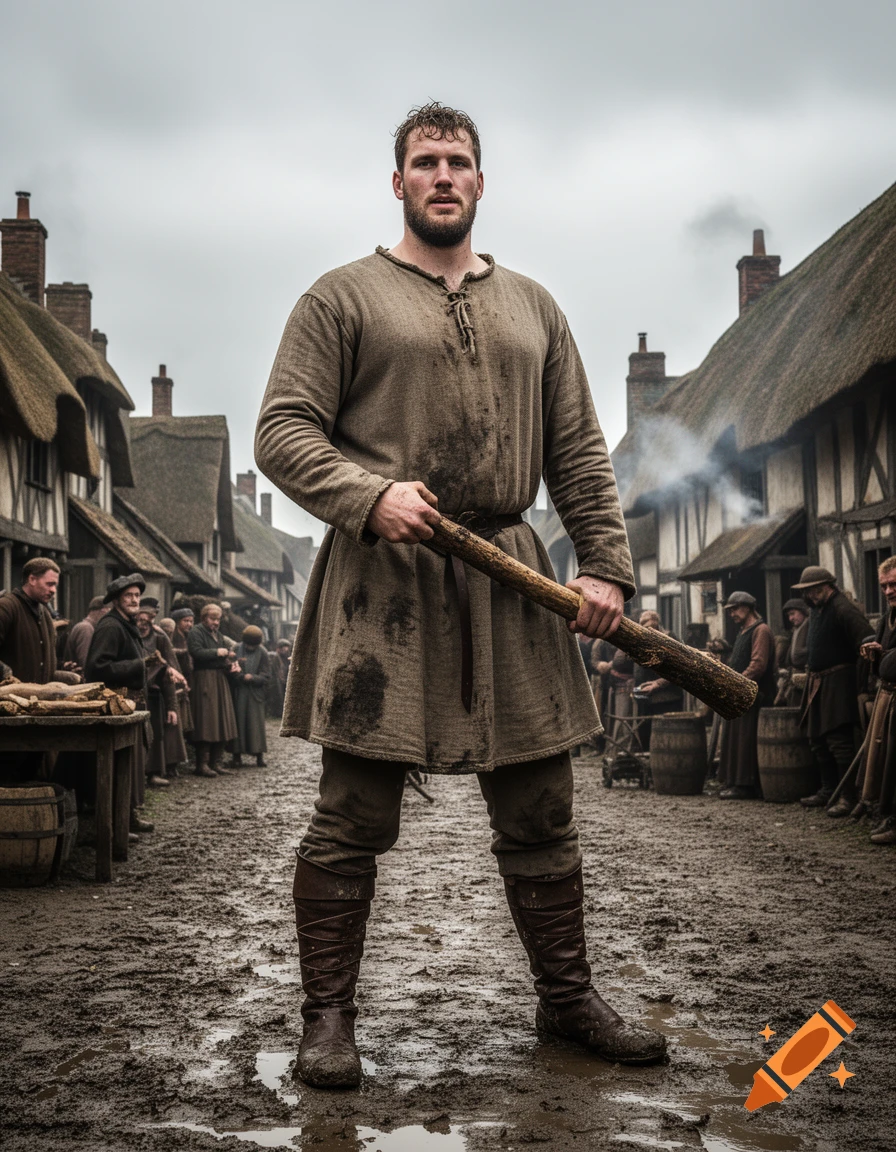 A man dressed as a medieval peasant soldier stands in a muddy village street holding a large log, with other villagers in the background.