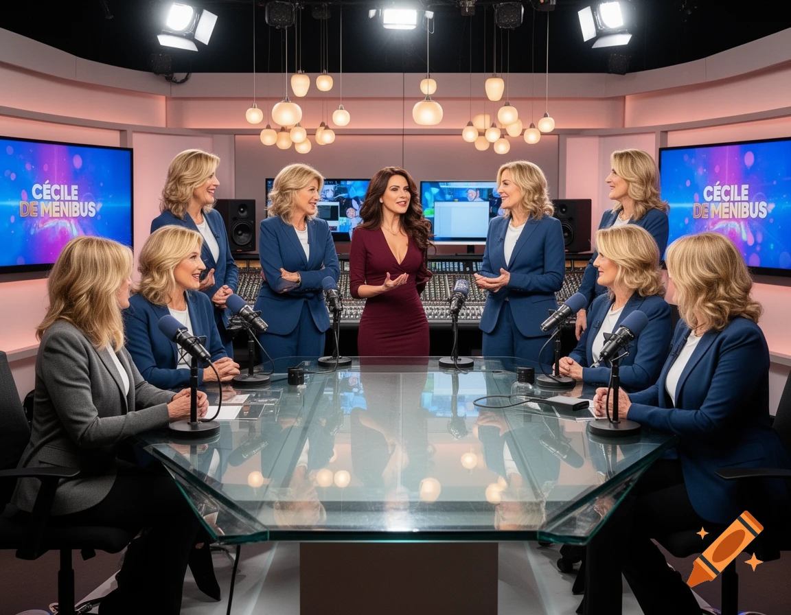 A woman in a red dress speaks in a modern TV studio, surrounded by multiple clones of another woman in blue suits, sitting at a glass table with microphones.