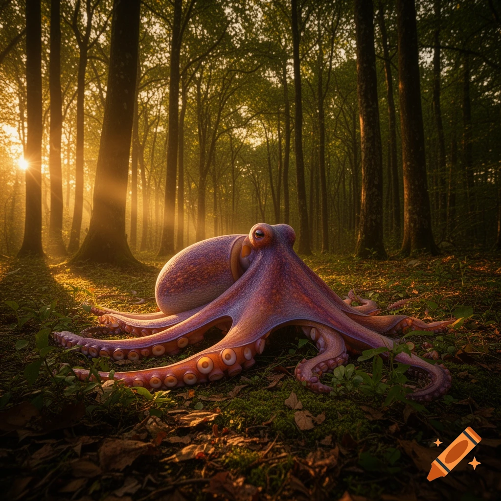 A large purple octopus rests on mossy forest ground with golden sunlight streaming through tall trees.