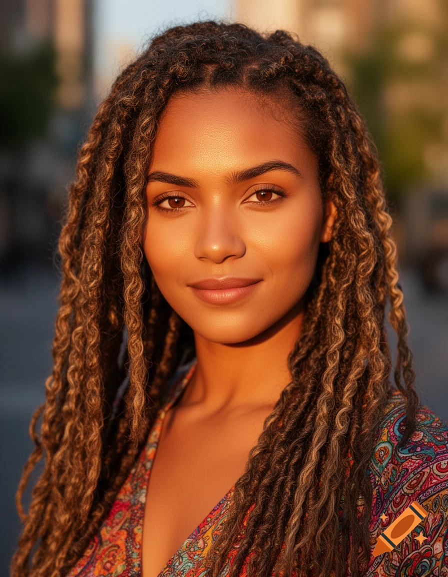 Photorealistic portrait of a woman with dreadlocks smiling, wearing a colorful patterned top, bathed in golden hour sunlight.