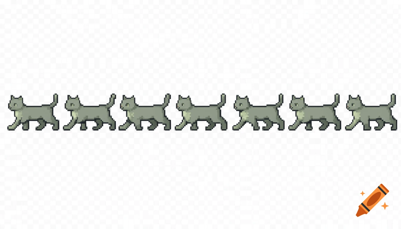 A pixel art sprite sheet shows 8 frames of a gray cat walking from left to right on a transparent background.
