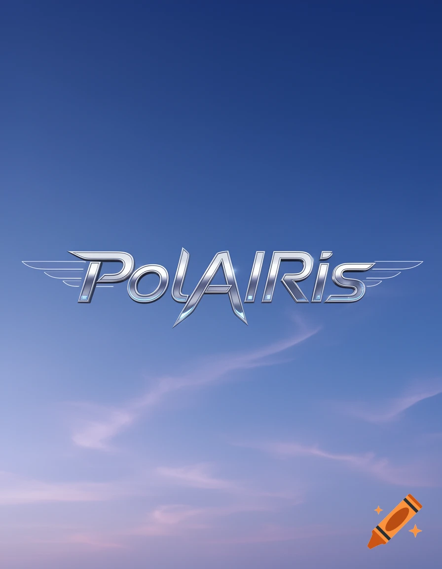 A stylized, metallic silver logo for "PolAIRis" with wing-like elements, set against a blue and purple gradient sky.