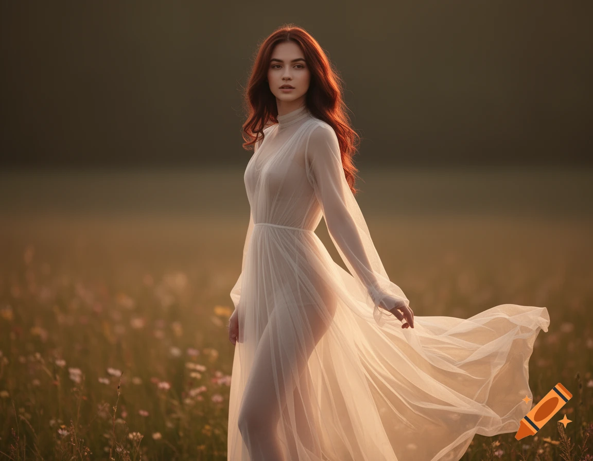 A photorealistic portrait of a red-haired woman in a flowing sheer white dress, standing in a field of wildflowers at sunset.