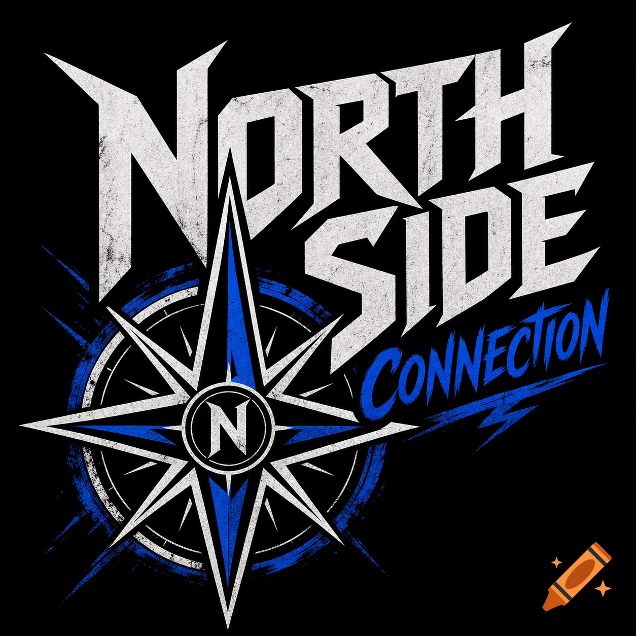Rock band logo for 'North Side Connection' featuring distressed white and blue text and a compass design with an 'N'.