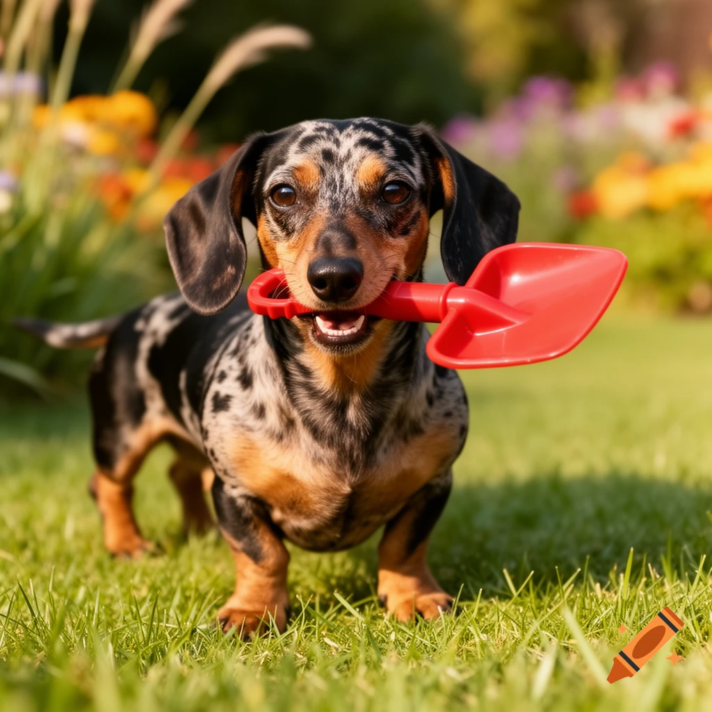 A photorealistic dapple dachshund stands in green grass, happily holding a red toy shovel in its mouth, with a blurred garden in the background.