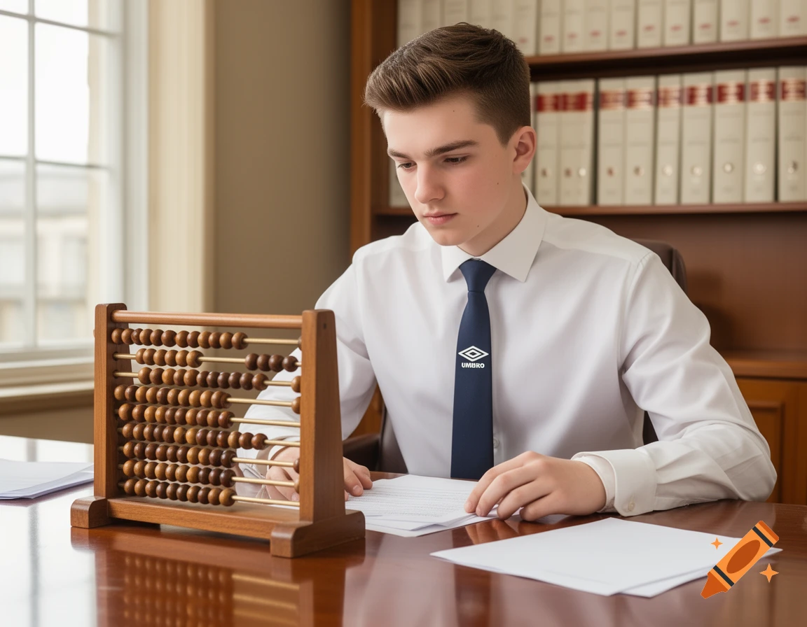 A young man in a white shirt and navy tie with an Umbro logo sits at a desk, looking at papers with a wooden abacus.