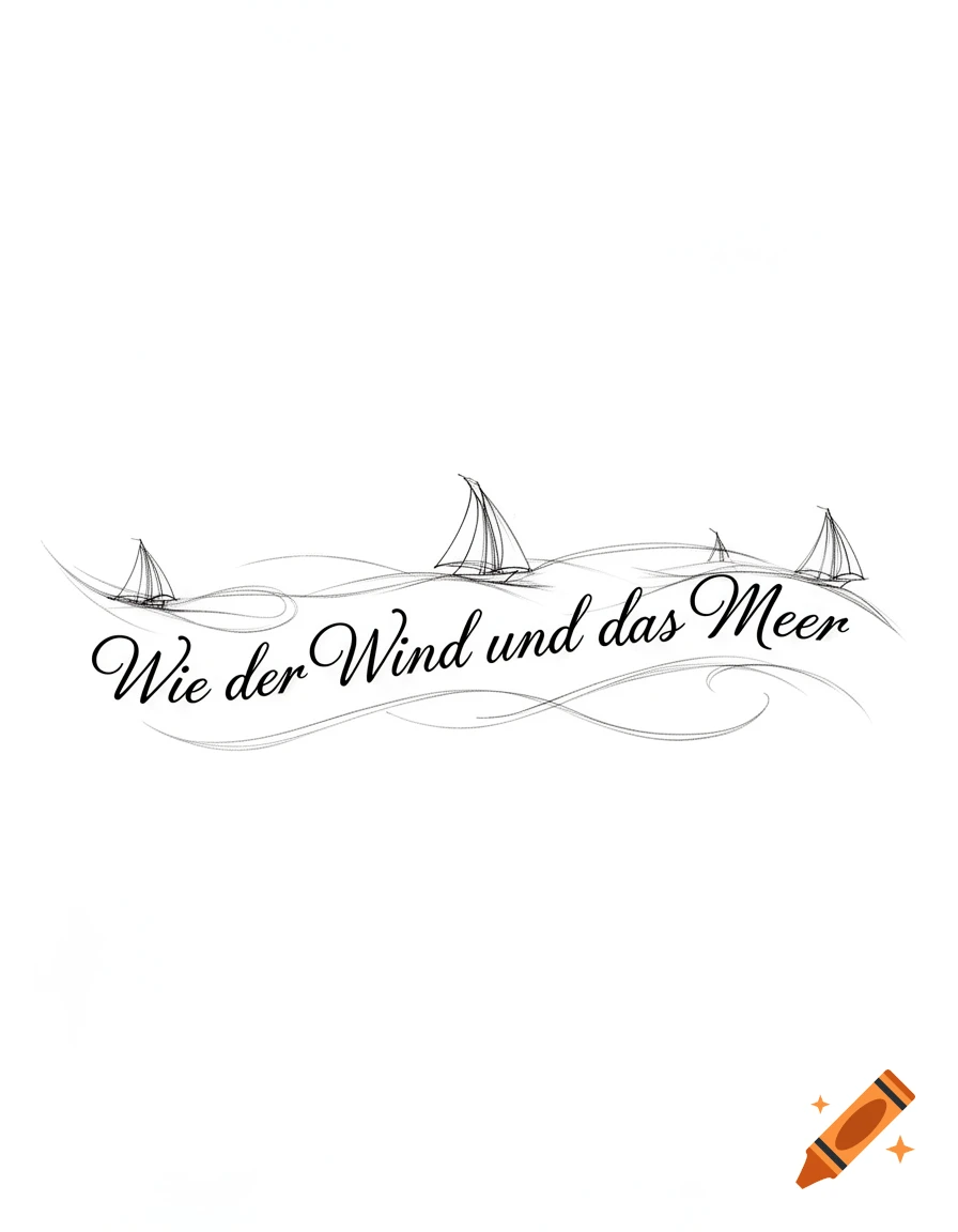 Minimalist black and white line art of three sailboats on waves with the German text 'Wie der Wind und das Meer' in a script font.
