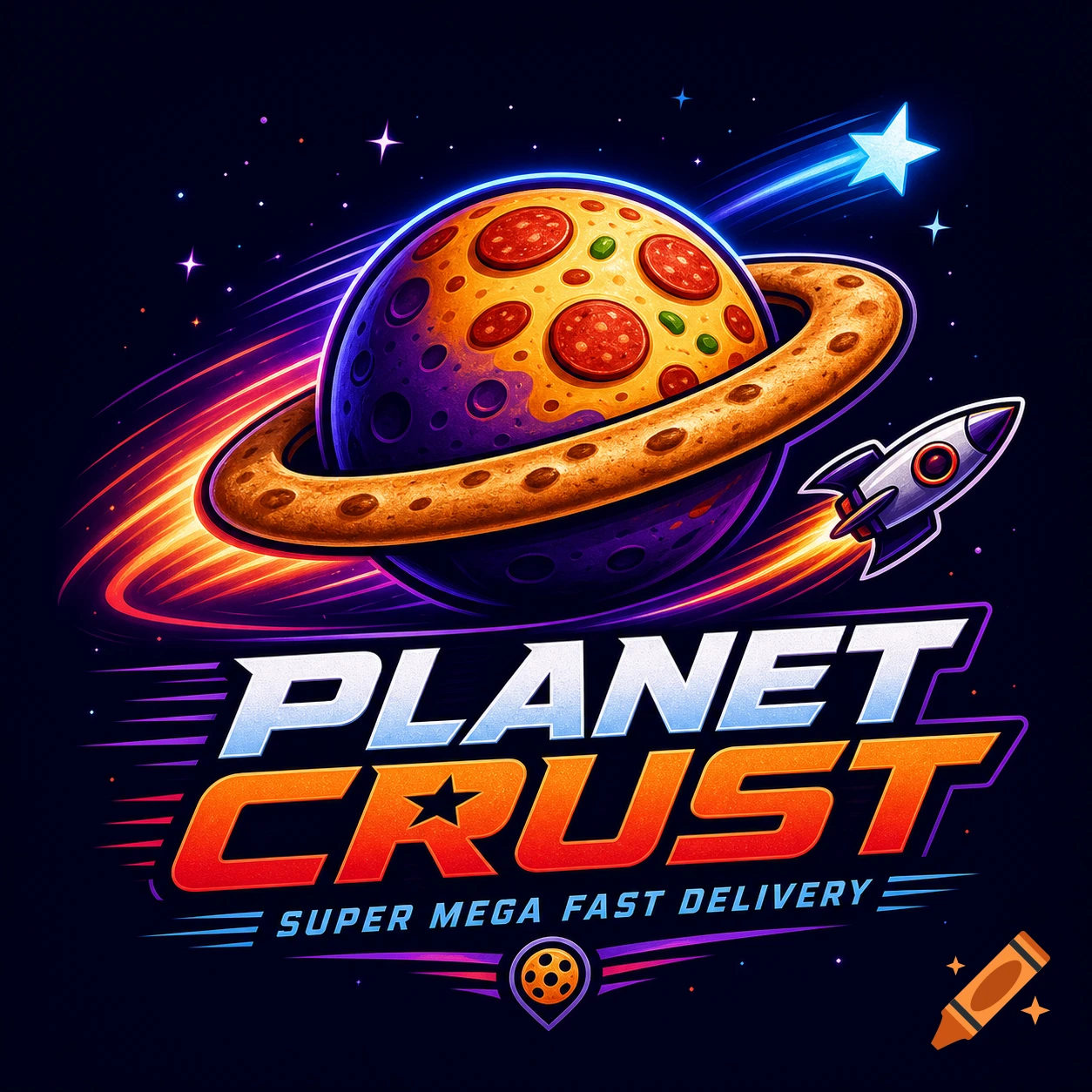 Cartoon logo for 'Planet Crust' pizza delivery, featuring a pizza-like planet with a crust ring, a rocket, and stars in space.