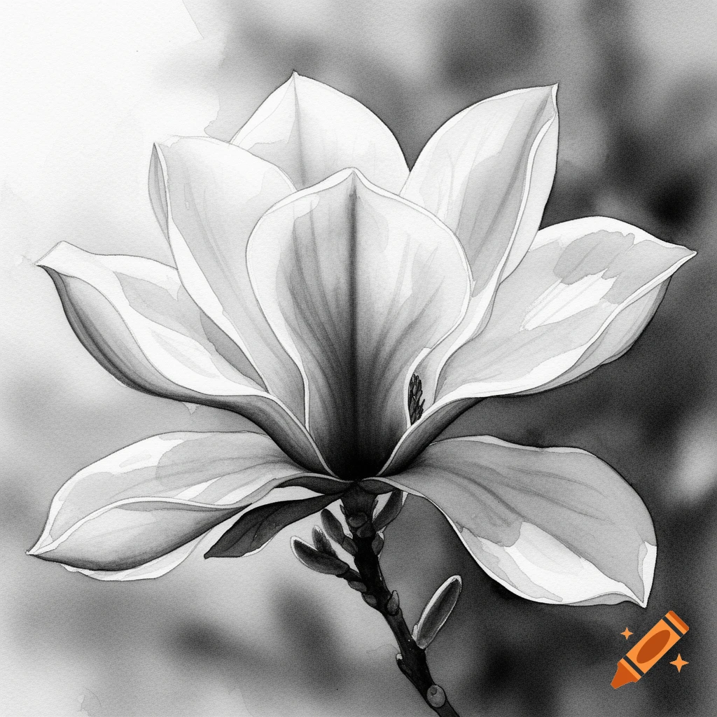 A detailed black and white watercolor painting of a magnolia flower on a branch.