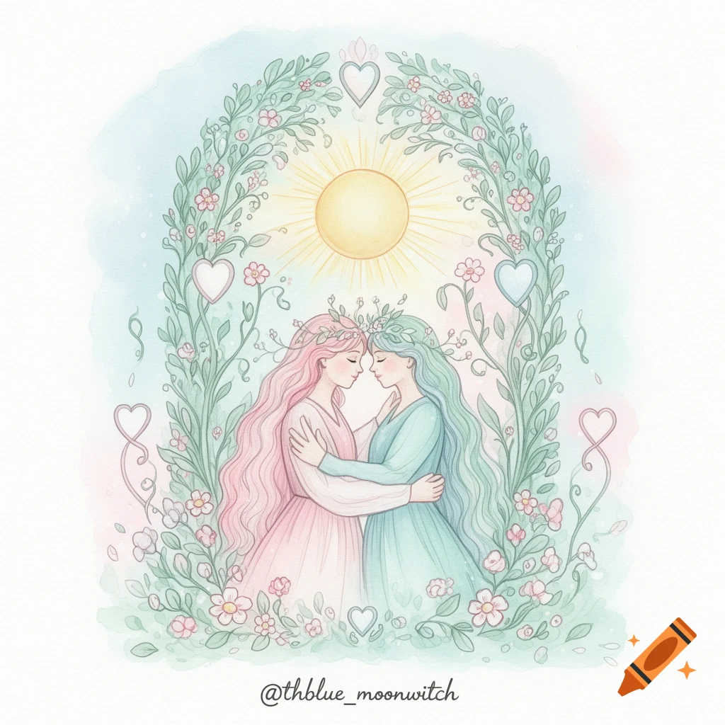 Pastel whimsical watercolor illustration of two women embracing within a floral arch, bathed in sunlight, with floating hearts.