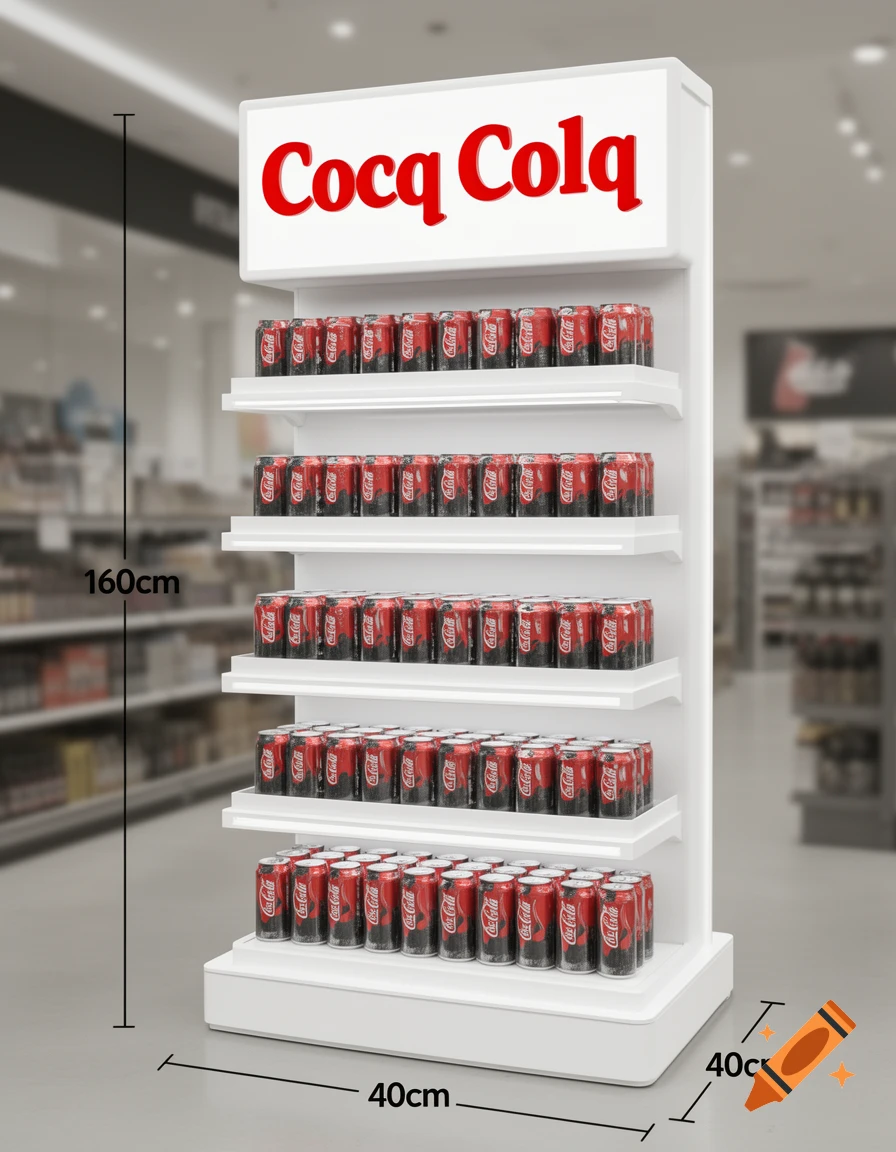 A white display stand with five shelves full of red and black soda cans, featuring a top sign with 'Cocq Colq' and measurements 160cm x 40cm x 40cm.