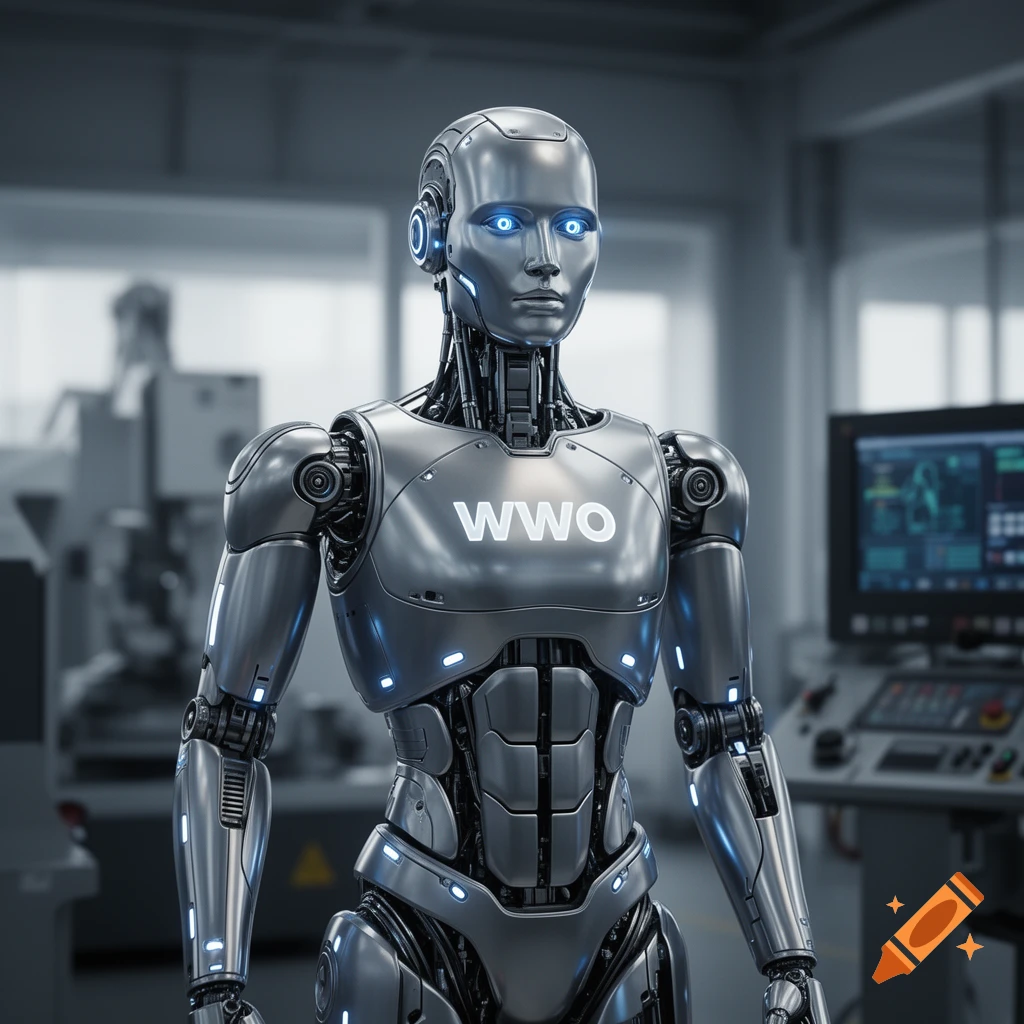 A photorealistic image of a metallic humanoid robot with glowing blue eyes and a 'WWO' insignia on its chest, in an industrial setting.